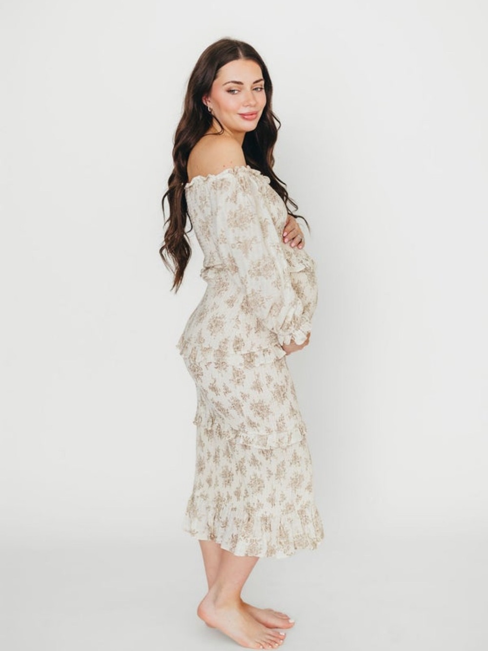 Off-Shoulder Floral Midi Dress in Cream and Tan